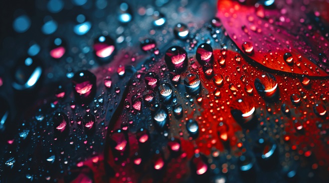 A close-up of water droplets on a dark and red painted surface